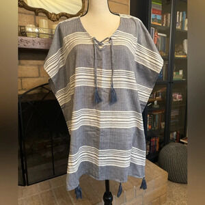 SURF GYPSY Dusty Blue & White Striped Tassel Trimmed Coverup - Size Medium